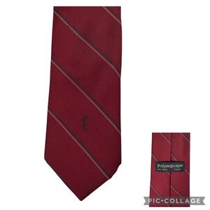 Yves Saint Laurent Mens Silk Tie Burgundy Striped Logo Necktie Slim Short USA